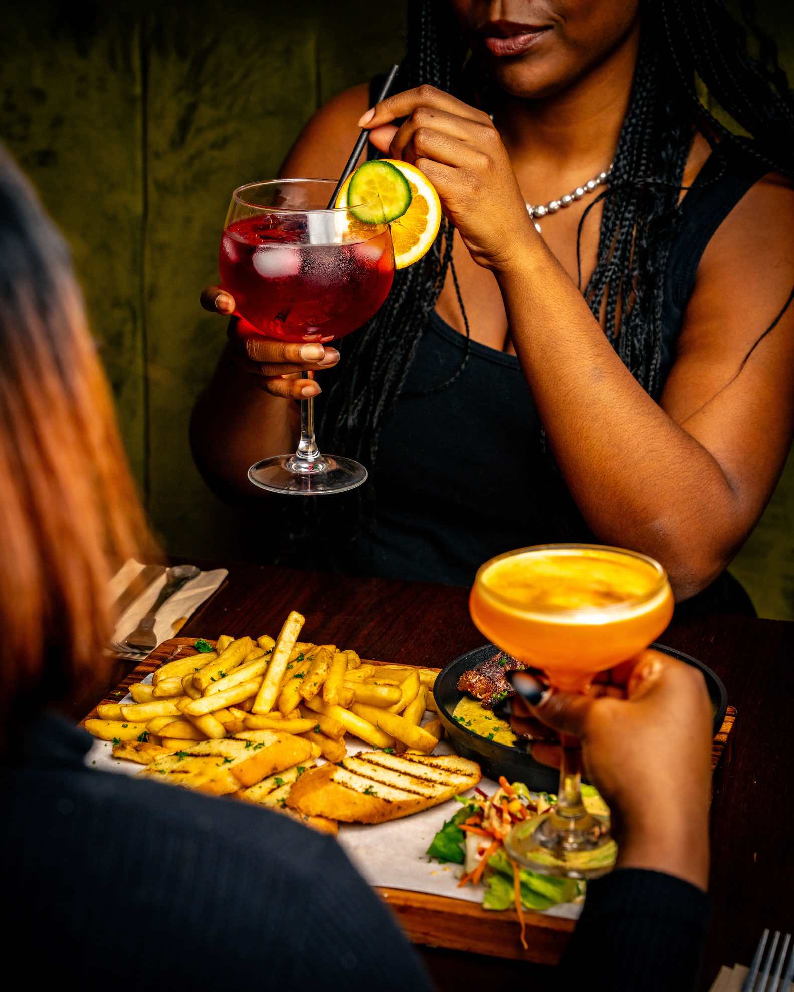 Dinner spread with cocktails